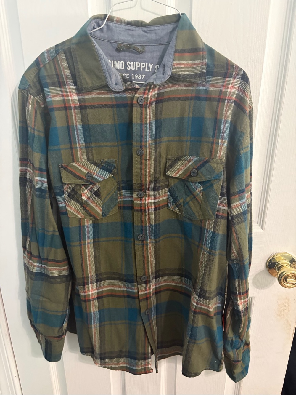 Men’s Mossimo Supply Co. Olive Green and Blue Plaid Button-Down Shirt